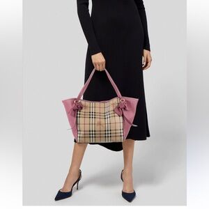 RARE Authentic Burberry Canterbury Bow Tote Haymarket Check Canvas Pink Leather